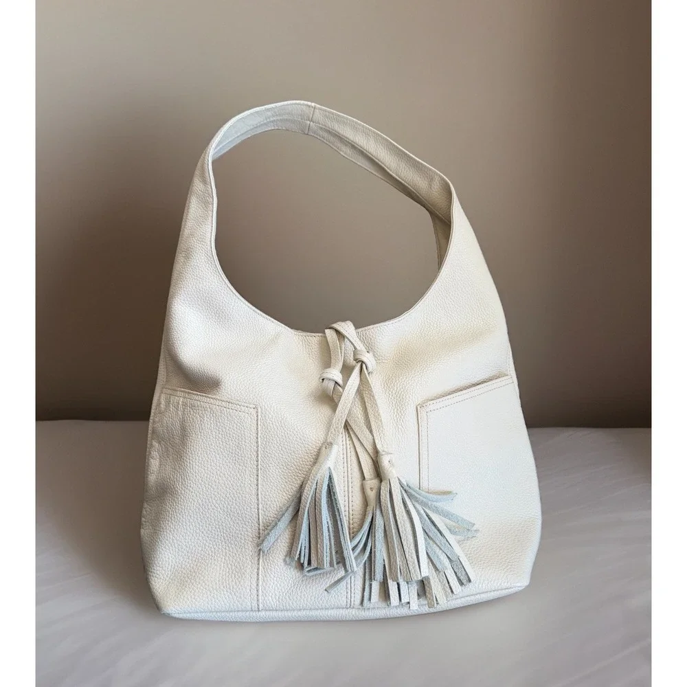 LAGGO Purse Women's Cream Pebbled Leather Hobo Shoulder Bag Tassels